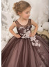 Chocolate Lace Tulle Horsehair Hem Pearl Buttons Back Flower Girl Dress